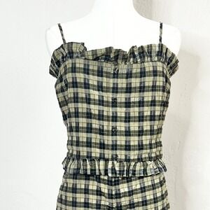 Ganni Plaid Ruffle Tank Top Button Front Green Black Spaghetti Strap Size 40 / L